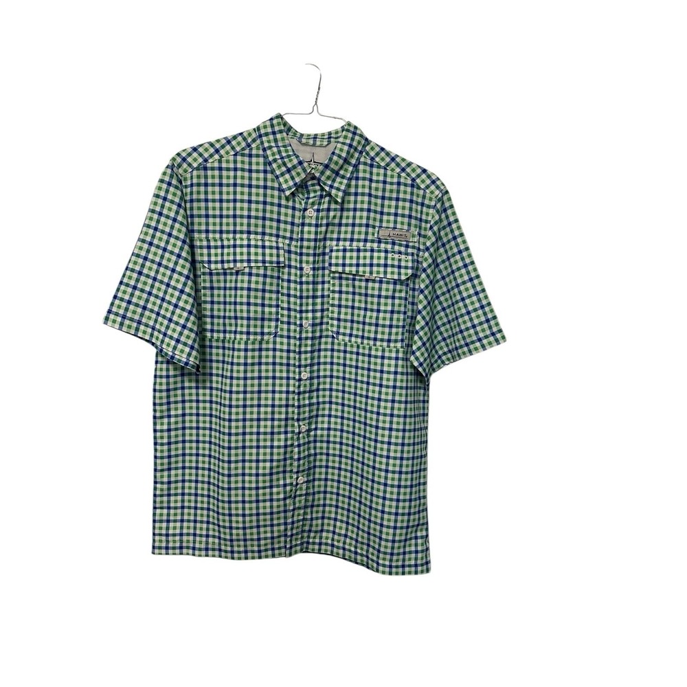 Habit Outdoors Men's Plaid Fishing Shirt Green‎ Blue Vented Short Sleeve Size L